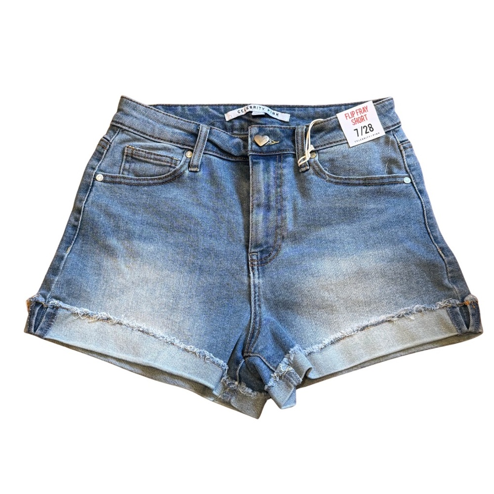 Celebrity Pink Ultra High Rise Denim Shorts Juniors 7/28 Blue Fray Flip Cuff‎